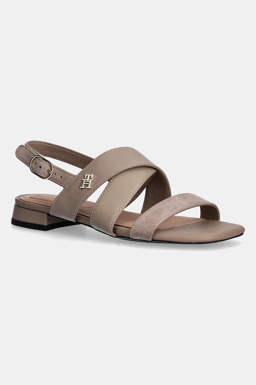 Kožené sandále Tommy Hilfiger LEATHER & SUEDE FLAT SANDAL dámske, béžová farba, FW0FW08507.