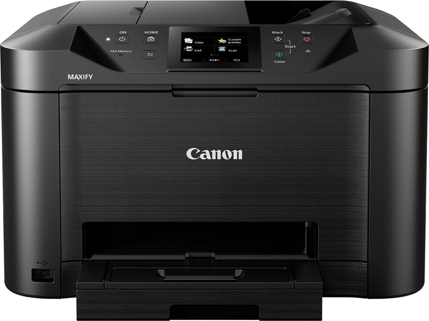 Canon MAXIFY MB5150 0960C009 atramentová multifunkcia.
Výhody:
*Vysoká produktivita: 24 obr./min čiernobielo, 15,5 obr./min farebne
*Bezdrôtová tlač zo smartfónov a tabletov
*Pripojenie ku cloudu: skenovanie do cloudu alebo e-mailu
*Vysoká výťažnosť atramentov: 2 500 strán čiernobielo / 1 500 strán farebne
*Vysoká kapacita 250 listov a duplexný automatický podávač dokumentov na 50 listov


Tlač:
Rýchlosť tlače : 24,0 obr./min čiernobielo A4; 15,5 obr./min farebne A4
Doba do výstupu prvej strany: Čiernobielo: 6 s (pripravené) / 10 s (režim spánku); Farebne: 7 s (pripravené) / 12 s (režim spánku)
Technológia tlače: Atramentová technológia, tlačová hlava FINE
Maximálne rozlíšenie tlače: 600 × 1 200 dpi
Okraje tlače (minimálne): Horný: 3 mm, dolný: 5 mm, ľavý a pravý: 3,4 mm
Obojstranná tlač: Automatická (bežný papier A4, Letter)

Skenovanie:
Typ skenera: Plochý, automatický podávač dokumentov
Technológia skenera: 2× farebný skener CIS
Rozlíšenie skenera (optické): Až 1 200 × 1 200 dpi
Obojstranné skenovanie: K dispozícii (jednoprůchodové)
Rýchlosť skenovania (podávač ADF) približne.: Obojstranne 23 obr./min farebne; Obojstranne 23 obr./min čiernobielo
Maximálna veľkosť dokumentu: Sklo skenera: A4, Letter (216 × 297 mm)Automatický podávač dokumentov: A4, Letter, Legal
Hĺbka skenovania (Vstup / výstup): Farebne: 48 bitov / 24 bitov; Stupne šedej: 16 bitov / 8 bitov
Skenovacie funkcie: Skenovanie do e-mailu, skenovanie do sieťového priečinka, skenovanie do cloudu, skenovanie na zariadenie USB

Kopírovanie:
Rýchlosť kopírovania (približne): Farebne, z podávača ADF: 11,5 obr./min; Čiernobielo, z podávača ADF: 22,0 obr./min
Viacnásobné kopírovanie: Až 99 strán
Zmenšenie / zväčšenie: 25 až 400 %, prispôsobenie veľkosti stránky
Nastavenie kvality kopírovania: Štandardná, vysoká
Funkcie kopírovania: Vymazanie rámčeka, kompletovanie, 2 na 1, 4 na 1

FAX:
Typ faxu: Super G3 / farebný
Rozlíšenie faxu: Čiernobiely režim: až 300 × 300 dpi; Farebný režim: 200 x 200 dpi
Rýchlosť faxovania: Čiernobiely režim: približne 3 s (33,6 kb/s); Farebný režim: približ.
Pamäť faxu: Až 250 strán

Farby a výťažnosť
Atramentové kazety XL:
PGI-2500XL BK (2 500 strán)
PGI-2500XL C (1 755 strán)
PGI-2500XL M (1 295 strán)
PGI-2500XL Y (1 520 strán)

Pripojenie:
Káblové