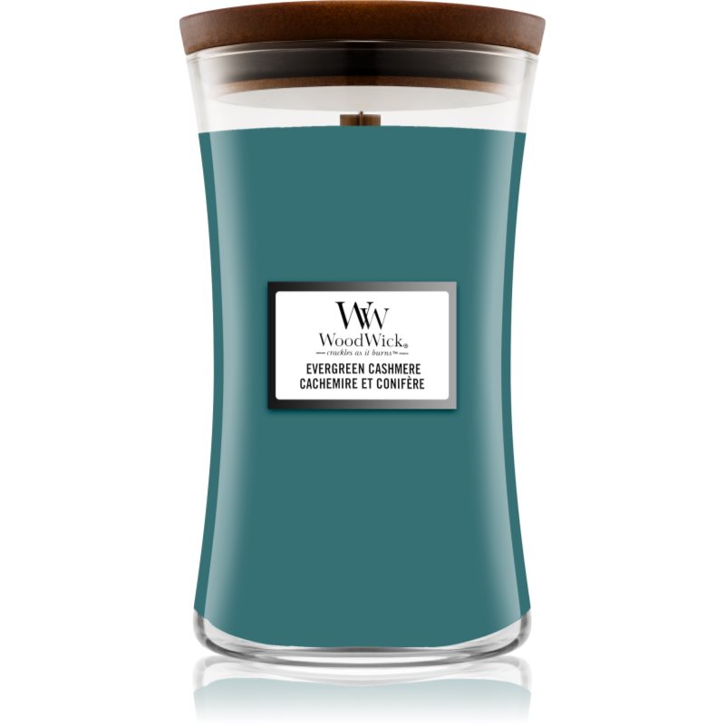 Woodwick Evergreen Cashmere vonná sviečka s dreveným knotom 610 g.