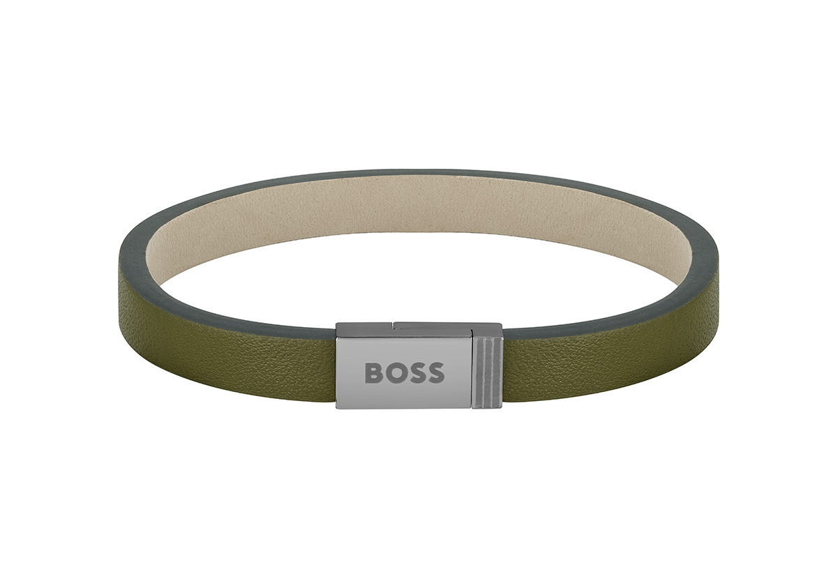 Hugo Boss Moderný khaki kožený náramok Jace 1580338 17,5 cm.