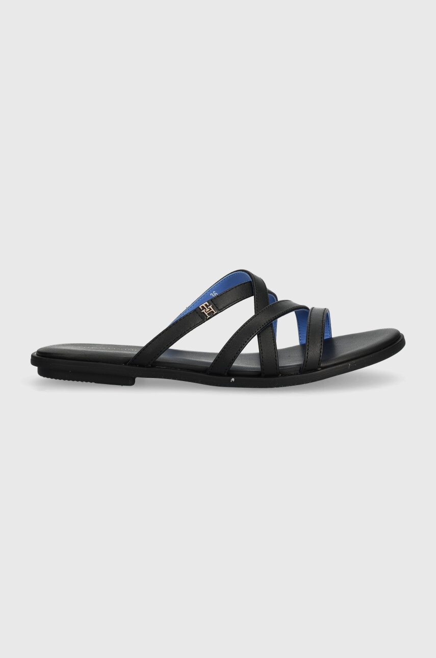 Kožené šľapky Tommy Hilfiger TH STRAP FLAT SANDAL dámske, čierna farba, FW0FW08067.
