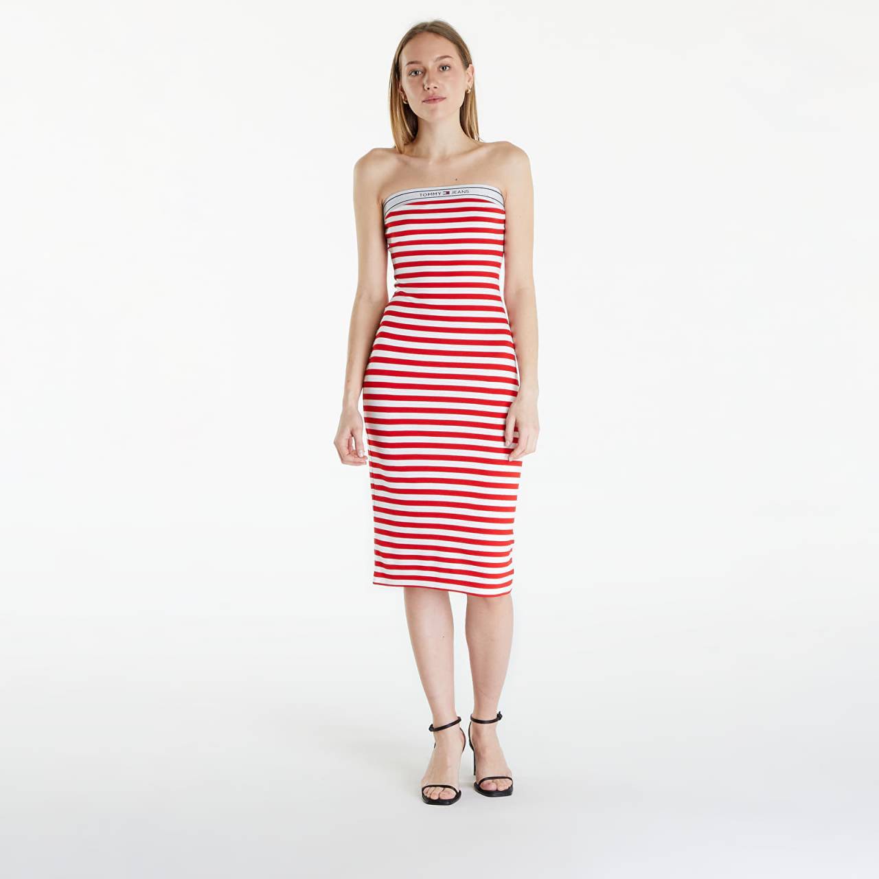 Šaty Tommy Jeans Logo Tape Stripe Knee Lenght Tube Dress Red S.