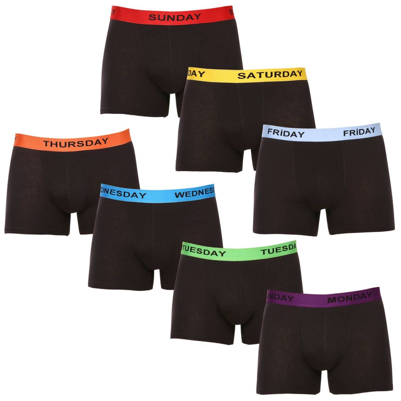 7PACK Herren Klassische Boxershorts Nedeto schwarz (7NB001-week) XL.
Dieses besondere 7er-Set Herren-Boxershorts von Nedeto garantiert Ihnen maximalen Komfort und ein bisschen Spaß im Alltag.
Hochwertiges Material für ganztägigen Komfort
Die Boxershorts sind aus einer Kombination von Baumwolle und Elastan gefertigt, die für Atmungsaktivität, Weichheit und ausreichende Elastizität sorgt.
Das Nedeto Boxer-Design wird Sie jeden Tag unterhalten
Jeder Boxerslip in diesem Multipack ist schwarz und hat einen farblich abgesetzten Bund, der mit dem Namen des jeweiligen Wochentags versehen ist.
Boxer-Vorteile, die Sie die ganze Woche über schätzen werden

Praktische Bezeichnung der Tage: Kein Suchen mehr nach der richtigen Unterwäsche, jeder Boxerslip ist deutlich mit dem Wochentag gekennzeichnet.


Bequeme Passform: Längere Beine sorgen für mehr Komfort und Stabilität beim Tragen.


Weidengummi: Der feste Gummizug sorgt dafür, dass die Boxershorts an ihrem Platz bleiben, ohne zu drücken oder zu verrutschen.

Die tschechische Marke Nedeto bietet Qualitätsunterwäsche zu einem guten Preis
Wir verkaufen nicht nur Nedeto Unterwäsche, sondern wir stehen auch hinter ihrer Herstellung.
Wie Sie Ihre Boxershorts Nedeto pflegen
Um die Langlebigkeit und Qualität der Boxershorts zu erhalten, empfehlen wir, diese Richtlinien zu befolgen:

Wäscherei: Die Boxershorts können bei 40°C gewaschen werden.


Trocknen: Boxershorts können im Wäschetrockner getrocknet werden, jedoch am besten bei niedrigeren Temperaturen, um ein Schrumpfen des Materials oder eine Beschädigung des Elastans zu vermeiden.


Bügeln: Falls erforderlich, können die Boxershorts bei einer niedrigeren Temperatur gebügelt werden.

Tip: Werden Sie mit den Tipps in unserem Artikel zum Experten für die Pflege von Dessous und geben Sie Ihren Lieblingsstücken die Pflege, die sie verdienen.