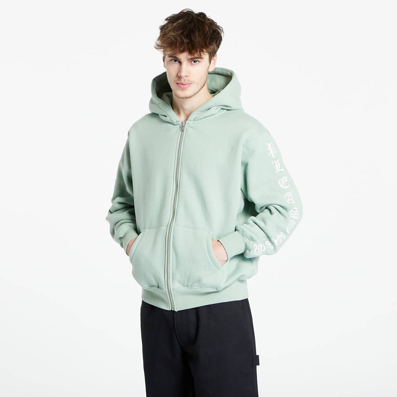 Mikina PLEASURES Oe Zip Up Hooded Sweatshirt Matcha S.