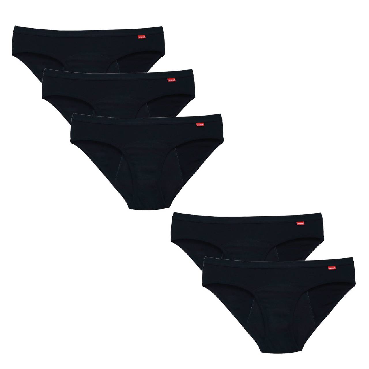 5PACK Menštruačné nohavičky WUKA pre normálnu menštruáciu (WUKA201) XL.
Päť párov pohodlných menštruačných nohavičiek britskej značky WUKA v dvoch rôznych savostiach je praktickou výbavou na celú menštruáciu.
Súprava obsahuje 5 ks nohavičiek:

3 ks WUKA Basics™ Hipster - Heavy
2 ks WUKA Basics™ Hipster - Medium


Menštruačné nohavičky WUKA Basics™ Hipster Heavy Flow sú určené na stredne silnú menštruáciu.
Menštruačné nohavičky WUKA Basics™ Hipster Medium Flow sú určené na normálnu a silnejšiu menštruáciu.

Každé nohavičky WUKA majú superabsorpčný klin zložený z niekoľkých vrstiev.
Menštruačné nohavičky WUKA z tejto súpravy môžete nosiť až 8 hodín v závislosti od sily menštruácie - to sa však nedá presne povedať, svoju menštruáciu najlepšie poznáte len vy.
Zloženie
Vonkajšie materiály: 95 % bavlna, 5 % elastan
Vnútorná vložka: 80 % polyester, 20 % elastan, priedušný TPU; 95 % bavlna, 5 % elastan
Oblečenie bolo certifikované podľa normy STANDARD 100 OEKO-TEX®.
Navrhnuté v Spojenom kráľovstve, vyrobené v Číne.
O značke WUKA
V roku 2017 bola značka WUKA založená ako prvý výrobca menštruačných nohavičiek na opakované použitie a odolných voči úniku vo Veľkej Británii.
Všetky nohavičky majú vysoký a široký klin, ktorý zadržiava únik krvi a moču, takže ich možno používať aj pri inkontinencii.

Samotné nohavičky sú vyrobené z rôznych udržateľných materiálov - tencelu, biobavlny alebo recyklovaného nylonu.
Všetky modely sú vegánske.
Môžete si vybrať z niekoľkých savostí.
Nohavičky WUKA neobsahujú žiadne PFAS (perfluorované a polyfluorované látky), ktoré v minulosti používala známa značka THINX.
Sú navrhnuté v Spojenom kráľovstve a vyrábajú sa v Číne v továrni vedenej rodinou troch sestier, s certifikátmi GOTS a BCI a auditom továrne na spravodlivé pracovné podmienky.

Viac informácií nájdete v článku Menštruačné nohavičky a plavky WUKA.
Spoločnosť WUKA je od roku 2023 držiteľom certifikátu B Corporation®
Certifikát B Corporation udeľuje spoločnostiam globálna nezisková organizácia B Lab.
Písmeno B pochádza z anglického slova „beneficial“ - a práve o to ide, o prínos pre spoločnosť a životné prostredie, ako aj o zodpovednosť.
Ako sa správne starať o svoje nové menštruačné nohavičky/plavky

Po každom použití: Najprv bielizeň dôkladne vypláchaj v studenej vode.
Po každom použití: Bielizeň najprv dôkladne vypláchnite v studenej vode.
Pranie.
Sušenie: Menštruačná bielizeň nepatrí do sušičky ani na kúrenie.
Žehlenie : Nežehlite nohavičky ani plavky.

Tip: Keď nájdete menštruačnú bielizeň, ktorá vám sedí a je príjemná na dotyk, zaslúži si tú najlepšiu starostlivosť.