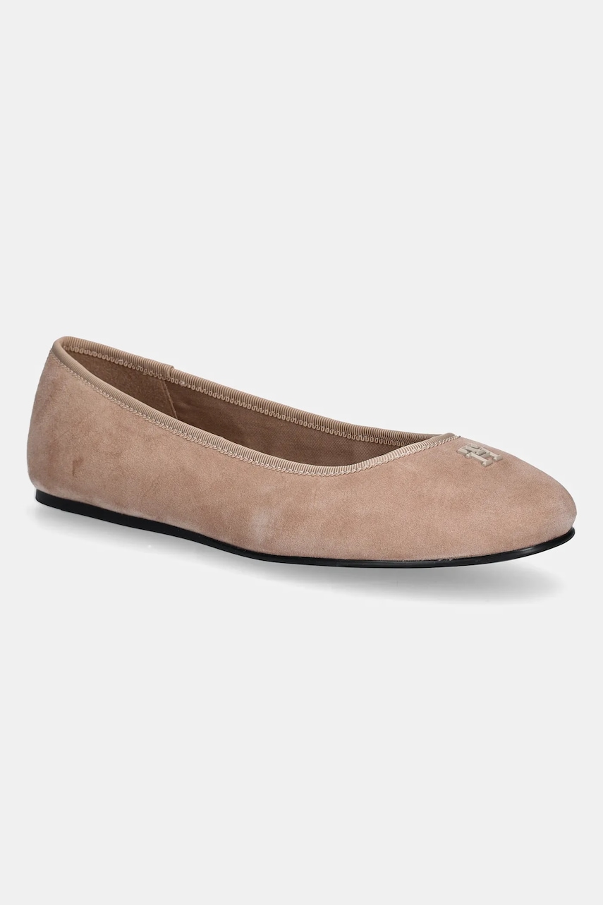 Semišové baleríny Tommy Hilfiger TH HARDWARE SUEDE BALLERINA béžová farba, FW0FW08655.
