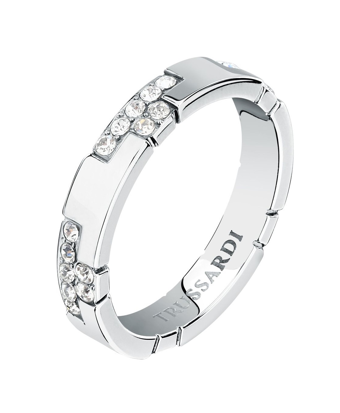 Trussardi Krásny oceľový prsteň s kryštálmi T-Logo TJAXC89 58 mm.