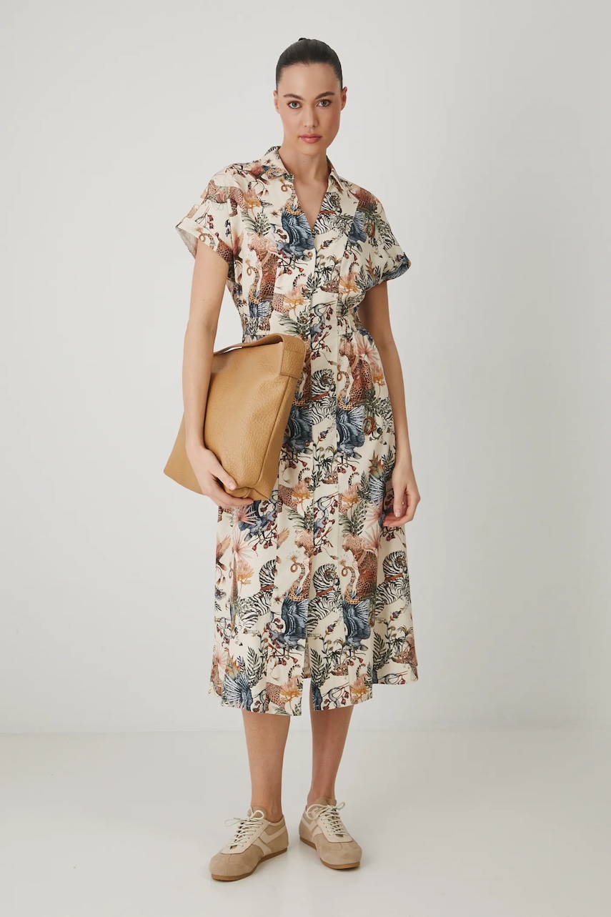 Šaty s prímesou ľanu Medicine béžová farba, midi, áčkový strih.