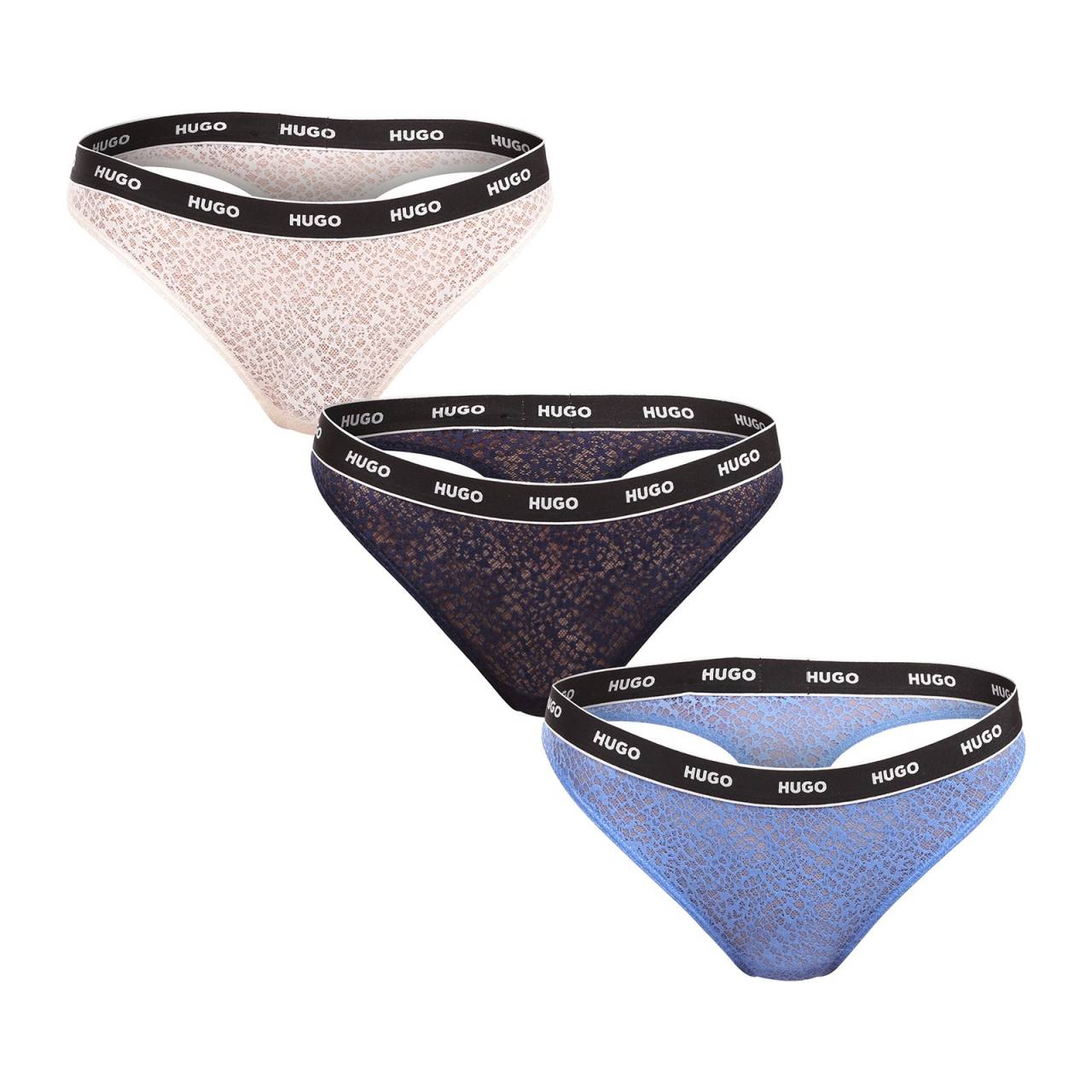 3PACK dámska tangá HUGO viacfarebné (50535265 961) L.
Objavte tangá, ktoré spájajú športový štýl, elegantný vzhľad a maximálne pohodlie.
Pohodlný materiál, ktorý perfektne sedí
Tanga HUGO sú vyrobené z mäkkého a ľahkého syntetického vlákna v kombinácii polyamidu a elastanu.
Strih, ktorý zdôrazňuje vaše prednosti
Jemný čipkový vzor je ideálny pre každú ženu, ktorá sa chce cítiť zvodná a neodolateľná za každých okolností.
Prečo vyskúšať dámske tangá HUGO

Luxusný čipkový dizajn s tkanou elastickou páskou: Štýlový vzhľad, ktorý kombinuje eleganciu s modernými športovými prvkami.
Pohodlný a pružný materiál: Mäkký na dotyk, priedušný a dokonale sa prispôsobí telu.
Pohodlné nosenie na každú príležitosť: Tanga sú pod oblečením takmer neviditeľné a hodia sa na každodenné nosenie aj na špeciálne príležitosti.

Spodná bielizeň HUGO pre milovníkov pohodlia a luxusu
Značka spodnej bielizne Hugo patrí do rodiny odevov Hugo Boss a vyznačuje sa vysokou kvalitou materiálov a precíznym spracovaním.
Ako sa starať o tangá HUGO
Aby vaša obľúbená spodná bielizeň zostala dlho v perfektnom stave, odporúčame dodržiavať tieto pokyny na údržbu.

Pranie: Odporúčame prať nohavičky pri maximálnej teplote 30 °C.
Sušenie: Nohavičky nesušte v sušičke – horúci vzduch môže poškodiť elastické vlákna a jemnú čipku.
Žehlenie: Nežehli ich.

Tip: Nájdenie správneho kusu spodnej bielizne, ktorý vám perfektne sedí, môže byť niekedy náročné.