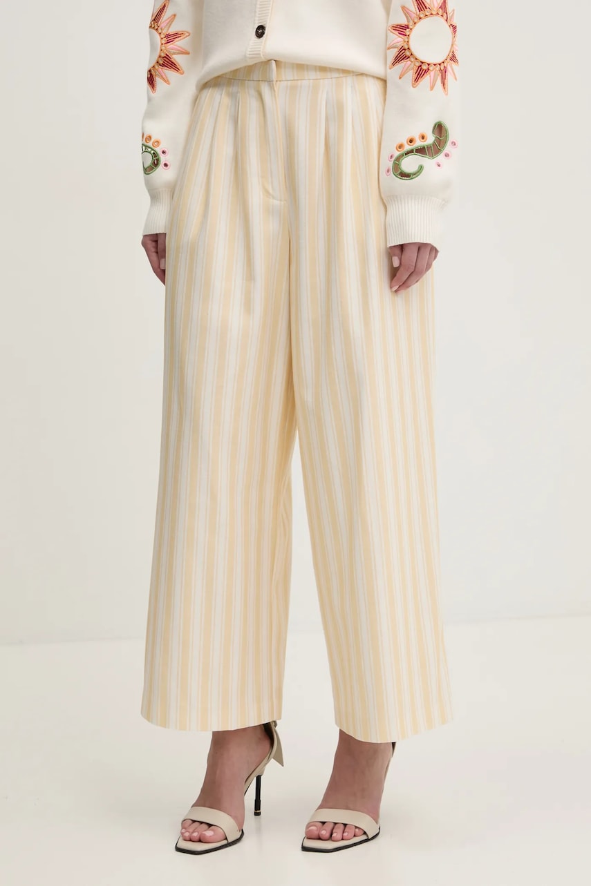 Nohavice Never Fully Dressed dámske, žltá farba, široké, vysoký pás, NFDTR409.