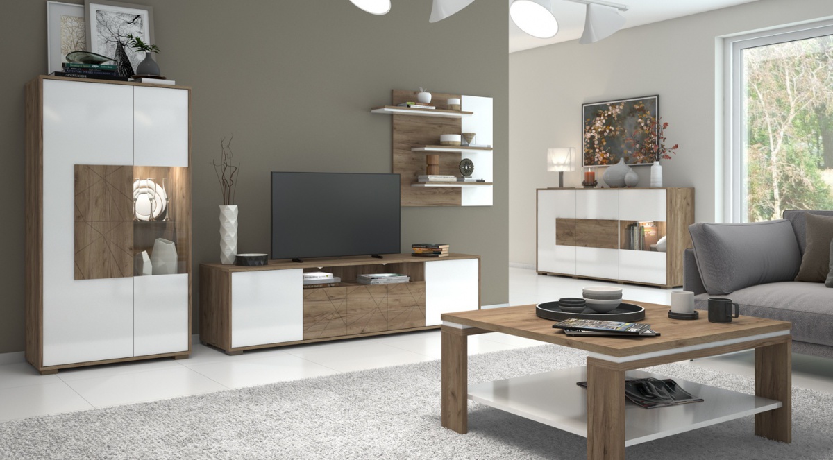 Obývacia izba freya - dub halifax/biela.

 

Zostava nábytku Freya ponúka aj bohatý úložný priestor.

 

Obývacia izba Freya sa skladá z týchto produktov:


	Vitrína s osvetlením Freya – 77x150x41cm (š, v, h)
	Televízny stolík s osvetlením Freya – 180x47x41cm (š, v, h)
	Nástenný panel Freya – 108x82x20cm (š, v, h)
	Široká komoda Freya - 180x97x41cm (š, v, h)
	Konferenčný stolík Freya – 90x45x88cm (š, v, h).



Všetok nábytok patriaci do kolekcie Freya nájdete nižšie v súvisiacich produktoch.