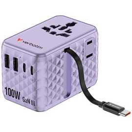 Verbatim, Cestovní adaptér univerzální Charge ,n, Travel 2x USB-C, 2X USB-A + 1x integrovaný kabel USB-C, fialová, 100 W.