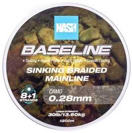 Nash splietaná šnúra baseline sinking braid camo 1200 m - 0,28 mm 13,6 kg.
 Baseline UV Yellow ponúka novú technológiu v segmente splietaných šnúr, kedy obsahuje vlákna odrážajúce ultrafialové svetlo – umožňuje ich viditeľnosť vo dne aj v noci, keď na ňu dopadne ultrafialový lúč čelovky Powerbanx UV Headtorch.
 Pre rybárov, ktorí radi lovia z lode alebo zaviažu svoje montáže, je to obrovská výhoda.
 K dispozícii sú na cievkach po 600 m a 1200 m.