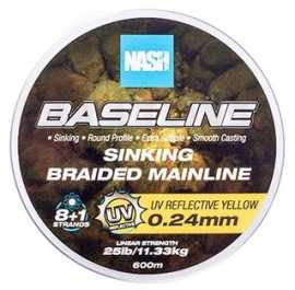 Nash splietaná šnúra baseline sinking braid uv yellow 600 m - 0,24 mm 11,33 kg.
 Baseline UV Yellow ponúka novú technológiu v segmente splietaných šnúr, kedy obsahuje vlákna odrážajúce ultrafialové svetlo – umožňuje ich viditeľnosť vo dne aj v noci, keď na ňu dopadne ultrafialový lúč čelovky Powerbanx UV Headtorch.
 Pre rybárov, ktorí radi lovia z lode alebo zaviažu svoje montáže, je to obrovská výhoda.
 K dispozícii sú na cievkach po 600 m a 1200 m.