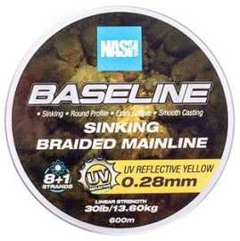 Nash splietaná šnúra baseline sinking braid uv yellow 600 m - 0,28 mm 13,6 kg.
 Baseline UV Yellow ponúka novú technológiu v segmente splietaných šnúr, kedy obsahuje vlákna odrážajúce ultrafialové svetlo – umožňuje ich viditeľnosť vo dne aj v noci, keď na ňu dopadne ultrafialový lúč čelovky Powerbanx UV Headtorch.
 Pre rybárov, ktorí radi lovia z lode alebo zaviažu svoje montáže, je to obrovská výhoda.
 K dispozícii sú na cievkach po 600 m a 1200 m.