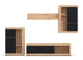 Obývacia stena jonah - čierna/dub artisan.

 

Televízny stolík sa skladá z výklopných dvierok a otvoreného priestoru s presklenou policou.

 

Stena je vyrobená z kvalitného lamina hrúbky 16mm, ktoré poteší nenáročnou údržbou a odolnosťou proti poškodeniu a vlhkosti.

 

Obývaciu stenu Jonah v inom farebnom prevedení nájdete nižšie v súvisiacich produktoch.