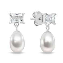 Brilio Silver Moderné strieborné náušnice so zirkónom a pravou perlou EA1200W.