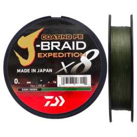 Daiwa splietaná šnúra j-braid expedition x8e dark green 300 m - 0,20 mm 16 kg.
 Výhody tým nekončia, pretože J-BRAID EXPEDITION má neuveriteľne vysoký počet vlákien, je pletená tesnejšie než takmer akákoľvek iná šnúra na trhu, čo poskytuje neuveriteľne okrúhly profil, ktorý sa pri používaní neoddelí ani neotrepí.
 •pletená z ôsmich vlákien •silikónový povrch • úplne guľatá •extrémne hladká •neabsorbuje žiadnu vodu a prach •extra silná •vysoká sila v uzle •vyrobené v Japonsku