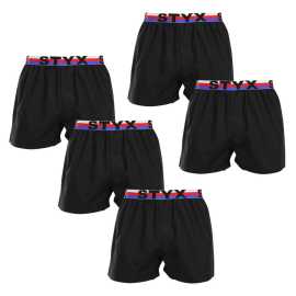 5PACK pánske trenky Styx športová guma čierne trikolóra (5B1960) XXL, trenírky.
Pánske šortky Styx s tkanou športovou gumou sú ideálnou voľbou pre mužov, ktorí hľadajú kombináciu pohodlia, štýlu a praktickosti.
Kvalitná bavlna pre prirodzené pohodlie
Šortky sú vyrobené zo 100 % bavlny, ktorá je známa svojou jemnosťou a priedušnosťou.
Precízny strih a športový dizajn
Šortky Styx sú navrhnuté tak, aby vám poskytli maximálne pohodlie a štýl v každom detaile.
Prečo vyskúšať šortky Styx

Česká kvalita: Šortky sú navrhnuté a vyrobené v Českej republike, čo zaručuje precízne spracovanie.
Štýl a pohodlie: Moderný športový dizajn a prírodný materiál, ktorý vás nesklame.

Spodná bielizeň Styx je jednou z najobľúbenejších
Česká značka Styx je medzi zákazníkmi známa najmä vďaka svojej spodnej bielizni s neotrelými vzormi vo výrazných farbách.
Ako sa starať o šortky Styx
Aby ste si mohli dlho užívať pohodlie šortiek Styx, odporúčame vám dodržiavať tieto pokyny.

Pranie: Perte pri 30 °C s jemným pracím prostriedkom, aby bavlna zostala mäkká a príjemná.
Sušenie: Vyhnite sa sušeniu v bubnovej sušičke a nechajte ich voľne uschnúť na vzduchu.
Žehlenie: V prípade potreby ich môžete žehliť pri nízkej teplote, aby sa zachoval ich dokonalý vzhľad.

Tip: Staňte sa expertom na údržbu spodnej bielizne vďaka tipom v našom článku a doprajte svojim obľúbeným kúskom starostlivosť, ktorú si zaslúžia.