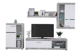 Obývacia stena s osvetlením jonah - biela/betón.

 

Televízny stolík sa skladá z výklopných dvierok a otvoreného priestoru s presklenou policou.

 

Stena je vyrobená z kvalitného lamina hrúbky 16mm, ktoré poteší nenáročnou údržbou a odolnosťou proti poškodeniu a vlhkosti.

 

Obývaciu stenu Jonah v inom farebnom prevedení nájdete nižšie v súvisiacich produktoch.